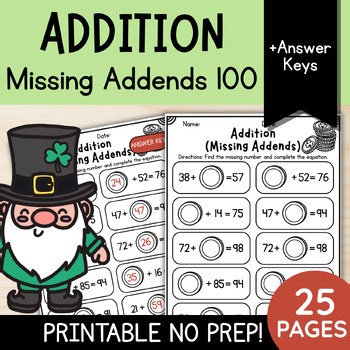 St. Patrick's Day Math: Missing Addends Addition to 100 | 1st and 2nd Grade