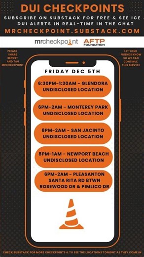 DUI Checkpoints Friday December 5th 2025
