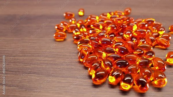 Orange capsule omega 3 pills as symbol of drug overdose, panning