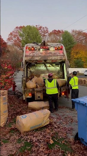 Garbage truck full of leaf bags