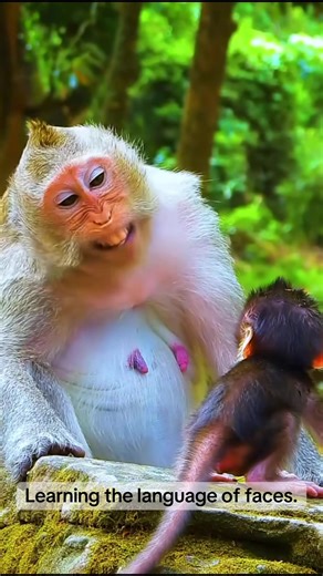 Very young macaques learn social signals long before they move confidently through their world. When a mother leans in close and lip-smacks toward her baby, she is using a common affiliative gesture that signals reassurance and calm attention. The baby may sit quietly, watching and absorbing the expressions and rhythms of the interaction. These face-to-face moments are an important part of early development. Through repeated exposure, infants begin to recognize the meaning behind gestures like l