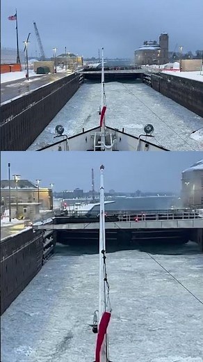 Freighter glides through icy Soo Locks