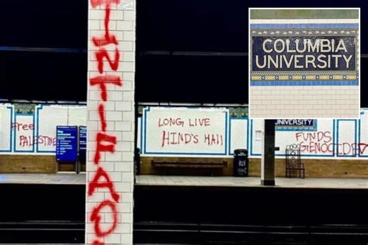Columbia University NYC subway station defaced with bright red anti-Israel graffiti