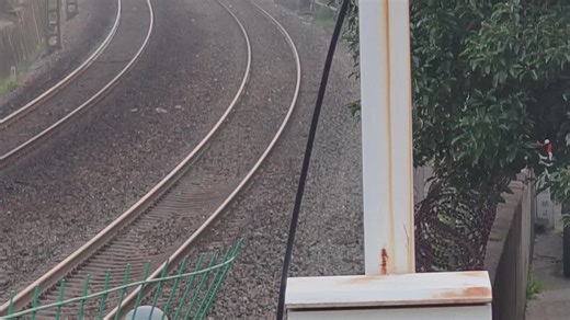 T21附挂原色轨检998946通过咸宁站附近的煤铁巷，并会车D192