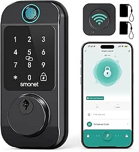 Smart Door Lock WiFi Deadbolt: SMONET Keyless Entry Front Fingerprint Keypad Electronic Digital Locks Alexa Deadbolt Remote Control, Bluetooth APP KeyFob Code Auto-Lock for Home, Black