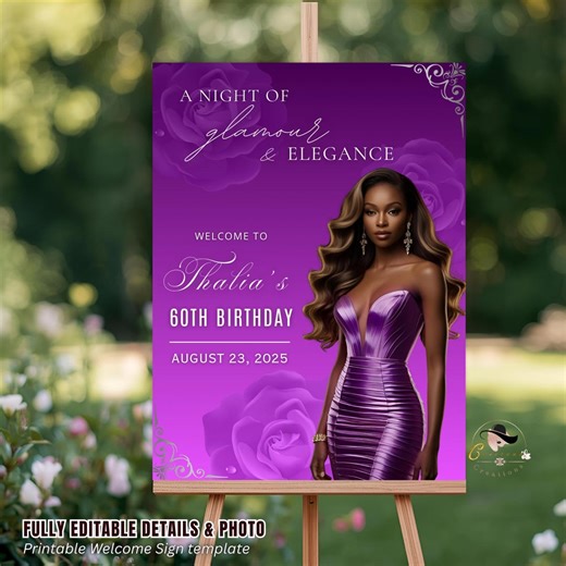 Editable Birthday Welcome Sign Purple Silver Floral Party Sign Printable Birthday Dinner Sign With Photo, Woman Elegant Sign Board Template - Etsy