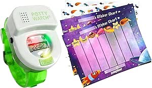 Potty Time: Purple Watch & Sticker Set | Water Resistant, Toilet Training Aid, Warranty Included. (Automatic Timers Plays Music & Flashing Lights for Fun Reminders), Green + Space Sticker Chart Kit