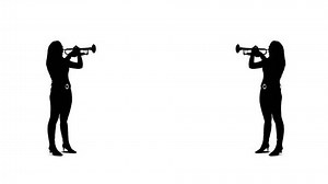 Two young women playing the trumpet on either side of the screen. Black and white silhouettes, full length profiles.