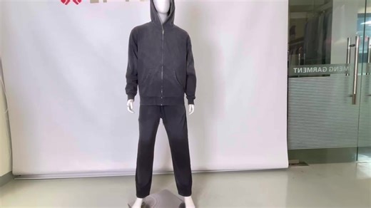 Custom Acid Washed Sweat Suits Cotton Thick Full Zip up Puff Print Acid Wash Tracksuits Hoodies and Sweatpants Sets for Men