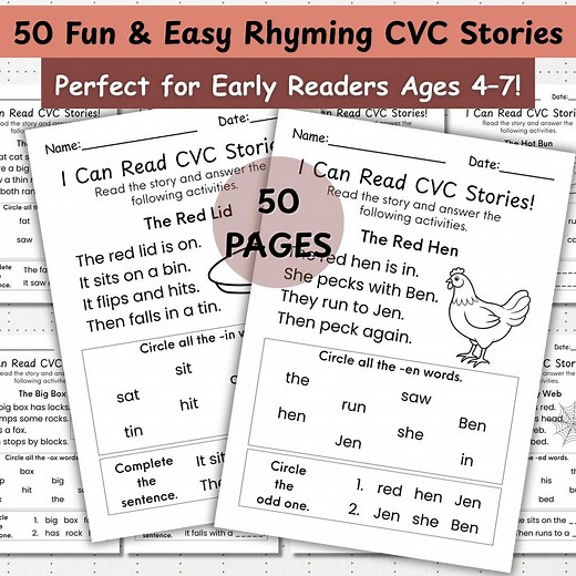 50 CVC Rhyming Stories for Kids: Early Reader Printable (PDF Download) - Etsy