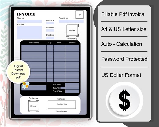 Invoice | Fillable Pdf Invoice Template | Built-in With US Currency Format | Printable & Editable | Auto-calculation | Instant Download - Etsy Canada