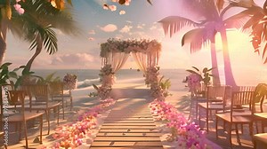 Tropical Beach Wedding Ceremony Setup at Sunset with Ai generated.