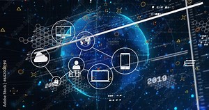 Animation of flowchart of icons with lines, changing numbers over rotating globe