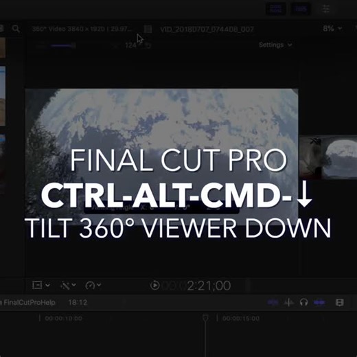 Final Cut Pro Support by Jared on Instagram: "Control-Option-Command-Down Arrow | Tilt Down | The 360° Viewer presents 360° video on a flat display, use this Final Cut Pro shortcut to change the portion of the video being viewed by tilting down��⁠ ⁠ More at AnAwesomeGuide.com/FinalCut��⁠ ⁠ #DailyShortcut #TipOfTheDay #FinalCutPro #FCP11 #Apple #VideoEditingTips #EditingTips #FilmEditing #VideoEditing #FCP11Shortcuts #LearnSomethingNew #VideoEditor #CreativeEditing #PostProduction #FCP11Tutorial