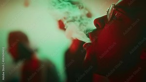 Side closeup of confident young raver in glasses smoking e-cigarette and making smoke rings while hanging out in nightclub with green and red neon lights