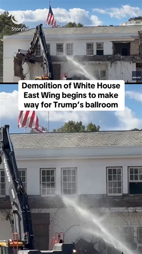The White House began demolishing part of the East Wing facade on Monday in preparation for the construction of President Trump's new ballroom. Trump commented on the teardown during an event with LSU baseball athletes in the East Room, saying, "We're building a ballroom. They've wanted a ballroom for 150 years, and I'm giving that honor to this wonderful place." https://cbsn.ws/4hoIAth | CBS News