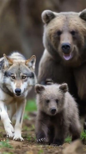 wolf takes the bear cub to its mother