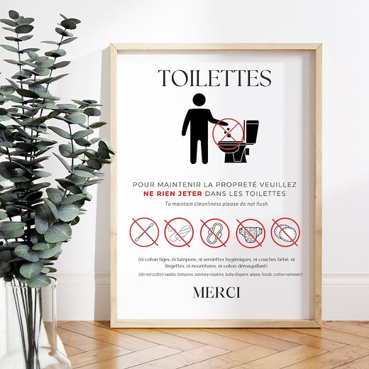 Affiches pour toilettes Ne rien jeter dans les toilettes Airbnb à imprimer pour invités | Poster wc | Salle de bain | en français et anglais - Etsy France