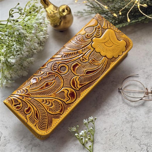 Handmade Tooled Leather Checkbook Wallet • Floral Design, Personalized - Etsy