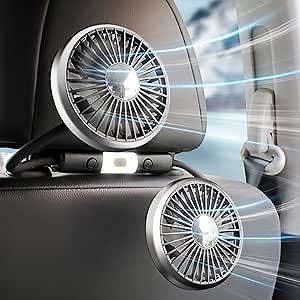USB Car Fan for Backseat: Dual Back Seat Fans for Kids Independently Controlled Heads and 2 LED Lights 360° Rotatable Cooling Air Conditioner 3 Speeds Headrest Auto Cooler for Sedan SUV RV Truck Van