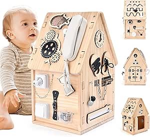 Potatomato Montessori Wooden Busy House - Busy Board Toy for Toddlers - Preschool Learning Educational Toys - Sensory Board for Fine Motor Skills, Gifts for Babys Boys & Girls