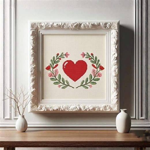 Heart Cross Stitch Pattern PDF Floral Wreath Romantic Decor - Etsy