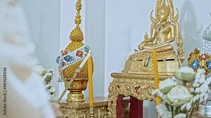 This image showcases a traditional altar adorned with intricate decorations, including ceremonial items and floral arrangements, reflecting cultural heritage and spirituality. Stock Video