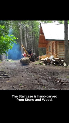 The Staircase is hand-carved from Stone and Wood #survival #building #logcabin #loghouse #bushcraft