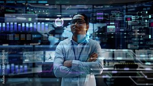 First Person POV Footage of Professional IT Technical Support Specialist or Software Engineer Pushing Augmented Reality Display in a Modern Monitoring Control Room Full of Computers. VFX Animation.