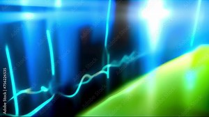 Vibrant digital footage of electric blue light intersecting a sharp line over a green and yellow gradient, symbolizing rhythmic sound wave energy