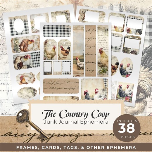 Country Coop Junk Journal Ephemera Kit, Printable Chicken Journal Cards, Tags & Frames, Farmhouse Scrapbook Paper, Rustic Ephemera - Etsy