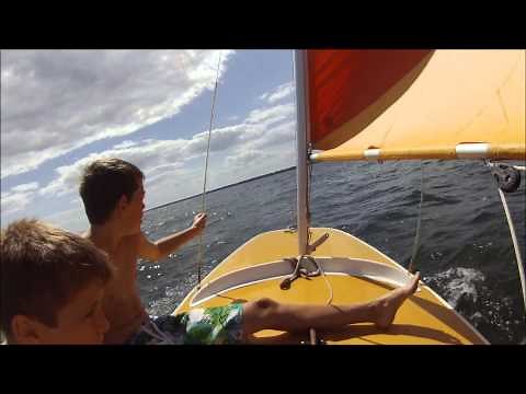 Sailing Butterfly small scow sailboat in Marinette Wisconsin very shallow water great breeze sailing