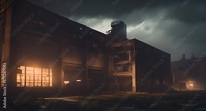 A haunting scene of an abandoned factory illuminated by dim lights under a stormy dusk sky 4k animation