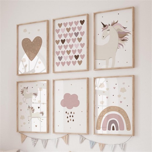 Girls Room Wall Art Set of 6 Printable, Nursery Wall Prints Bundle, Baby Girl Decor, Kids Poster Digital Download