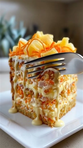 Hawaiian Carrot Pineapple Cake 🌺🥕🍍 A simple dessert that disappears faster than you expect. Ingredients: - 2 cups freshly grated carrots - 1 cup crushed pineapple, well drained - 1 1/2 cups all-purpose flour - 1 cup granulated sugar - 1/2 cup vegetable oil - 3 large eggs - 1 teaspoon baking powder - 1 teaspoon baking soda - 1/2 teaspoon salt - 1 teaspoon vanilla extract - 1/2 cup shredded coconut (optional) - 1/2 cup chopped nuts (optional) For the Cream Cheese Frosting: - 8 oz cream cheese, 