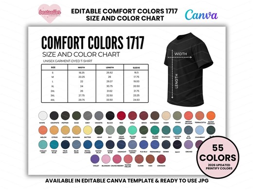 Comfort Colors 1717 Color Chart and Size Chart, Color Chart Comfort Colors 1717 Custom Template, Editable Comfort Colors Color Chart - Etsy
