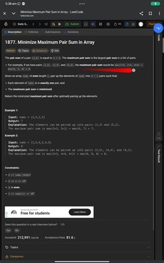 LeetCode 1877 Daily Challenge | Minimize Maximum Pair Sum in Array | Sorting | Interview Question