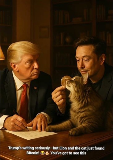 Trump Writing While Elon & Cat Play with Bitcoin 🐱💰