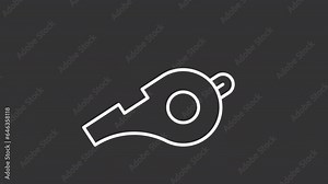 Whistle white animated icon. Physical education line animation. Sports training. Coach trainer. Football referee. Isolated illustration on dark background. Transition alpha video. Motion graphic