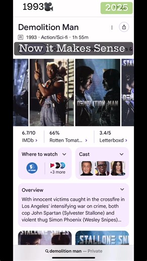 Demolition Man is a 1993 American science fiction action film directed by Marco Brambilla that stars Sylvester Stallone, Wesley Snipes, and Sandra Bullock. The film's story blends action and comedy with social satire, and it has since become a cult classic. Plot summary The film begins in a chaotic, violence-filled 1996 Los Angeles. The initial capture: Tough-as-nails police sergeant John Spartan (Sylvester Stallone)—nicknamed the "Demolition Man" for his destructive methods—captures his nemesis
