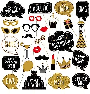 Birthday Photo Booth Props Kit - Happy Birthday Party Favors Supplies Bday Party Decoration Set with Real Glitter Cute Bday Designs for Women - Easy to Assemble 30 Pieces (Gold)