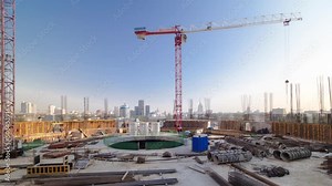 Construction site on which to build high-rise buildings timelapse hyperlapse. City panorama on background Stock Video
