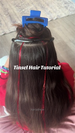 Here’s how we installed tinsel hair using the bead method! Drop any questions below. This stayed in for about a month until we removed it and changed colors to silver for NYE. #hairtutorial #tinseltutorial #tinselhair #hairhack #cutehairstyleideas