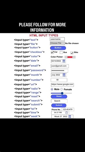All input types in html #html #css #frontend#coding #frontendcourse #webdevelopment
