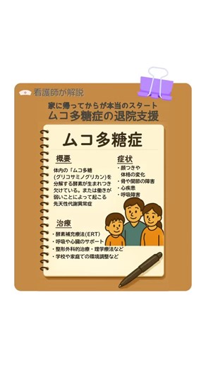 難病スレイヤー on Instagram: "退院支援｜病院看護師だから語れる難病児のリアル ― ムコ多糖症編 ― ムコ多糖症のお子さんが退院するとき、 「家でどう過ごせばいいの?」 「治療と生活、どう両立するの?」 そんな不安を抱えるご家族は少なくありません。 💊 酵素補充療法の継続 📅 通院スケジュール管理とサポート体制 🤸 関節・筋肉のケア リハビリと日常での姿勢サポート 💓 呼吸・心臓のモニタリング 体調変化の早期発見 🏫 学校・園との連携 無理のない環境づくり 👨‍👩‍👧 家族への支援 医療から生活へ、心の切り替えもサポート 退院支援は""医療""と""生活""をつなぐ架け橋。 病院看護師として、退院後も安心して笑顔で過ごせる毎日を一緒に作っていきます✨ 難病スレイヤーは 難病のある暮らしの『ちょっとした工夫』から 『心の支え方』まで発信しています 毎日がちょっと軽やかになるヒントを見つけに来てください @nanbyo_slayers ←ほかの投稿はこちらから フォローして投稿をチェックしてください😊 #退院支援 #ムコ多糖症 #難病児 #小児看護 #病院看