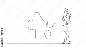 Animated self drawing of continuous line draw robot putting key into puzzle piece. Teamwork and partnership solving complicated tasks. Robotic artificial intelligence. Full length one line animation