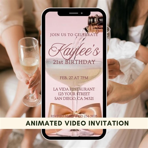 Pink Champagne Glass With Ribbon Animated Birthday Invitation | Luxury Cocktail Elegant Video Invite - Etsy