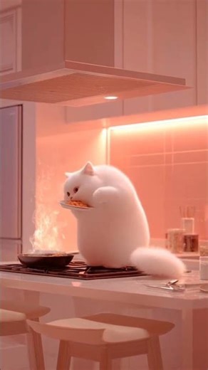 chubby white cat eating in the kitchen #cuteanimals #cat