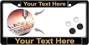 Custom Personalized Metal Laser Engraved Car/Automobile License Plate Frame with Free caps - Available in Black, Chrome, Gunmetal and Gold Finish - Black/Gold Text (Qty: 1 Frame)