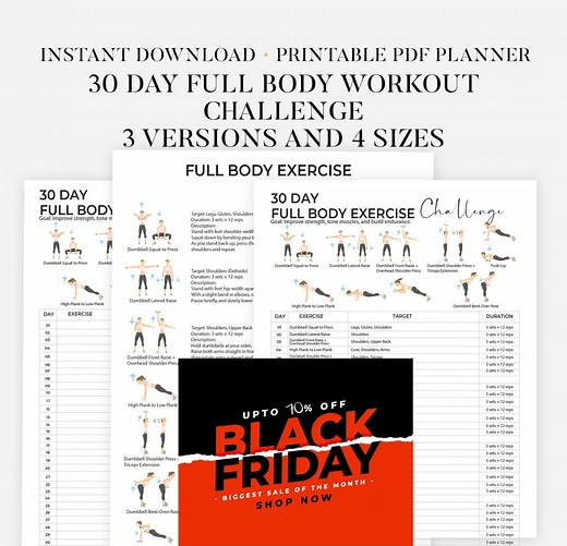30 Day Full Body Workout Challenge Printable | Full Body Workout Plan | Strengthen Legs, Arms & Core | Home Fitness Planner Instant Download - Etsy